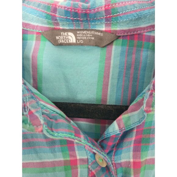 The North Face Plaid Button Front Shirt Large Womens Blue Pink Long Sleeve Roll - Picture 4 of 6